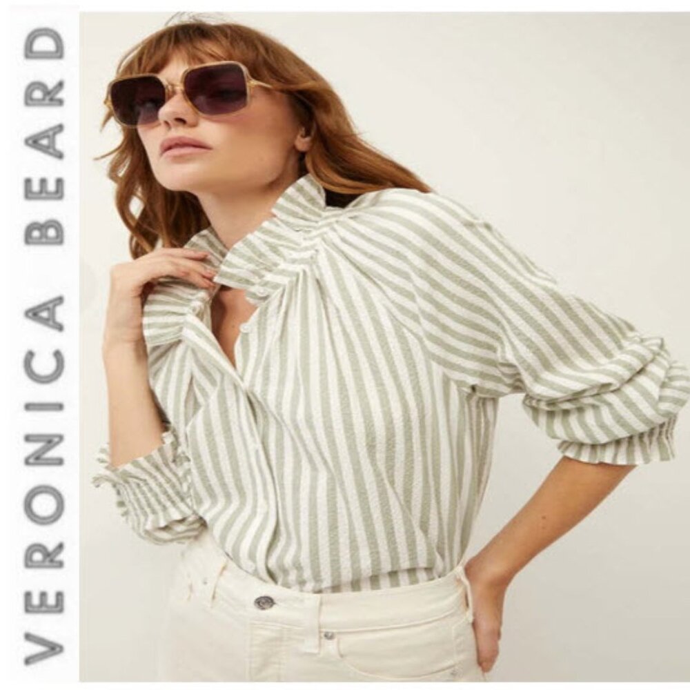 Veronica Beard Green and White Striped Button-Down Shirt